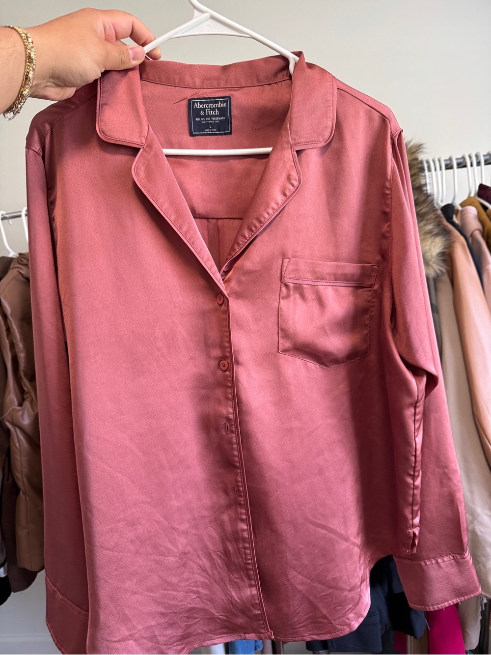 Abercrombie & Fitch Dusty Rose Satin Pajama-Style Shirt